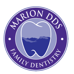 Marion DDS Family Dentistry logo featuring tooth design with mountain landscape in circular purple badge.